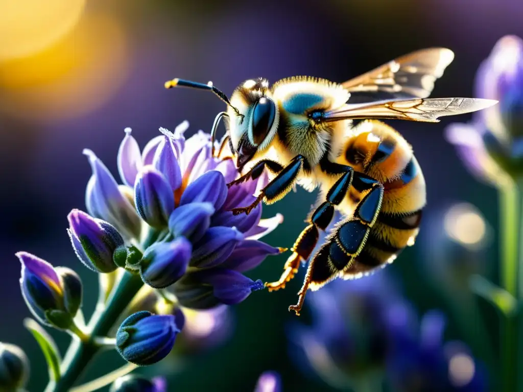 Una abeja recolectando néctar de una flor de lavanda, resplandeciendo en detalles ultrarrealistas