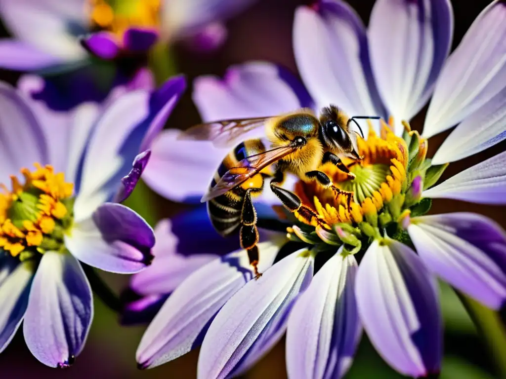 Una abeja recolectando néctar de una flor silvestre morada, con detalles detallados de las alas y patas