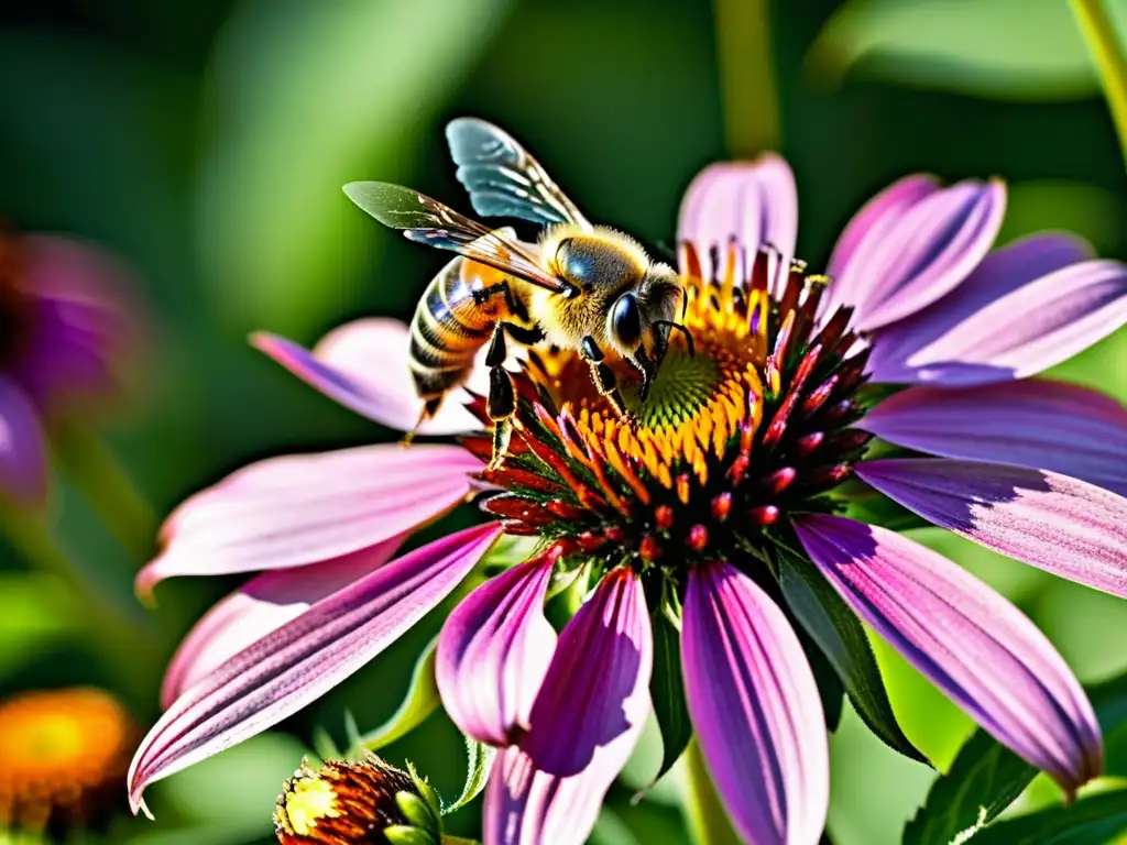 Una abeja recolecta néctar de una flor de equinácea morada