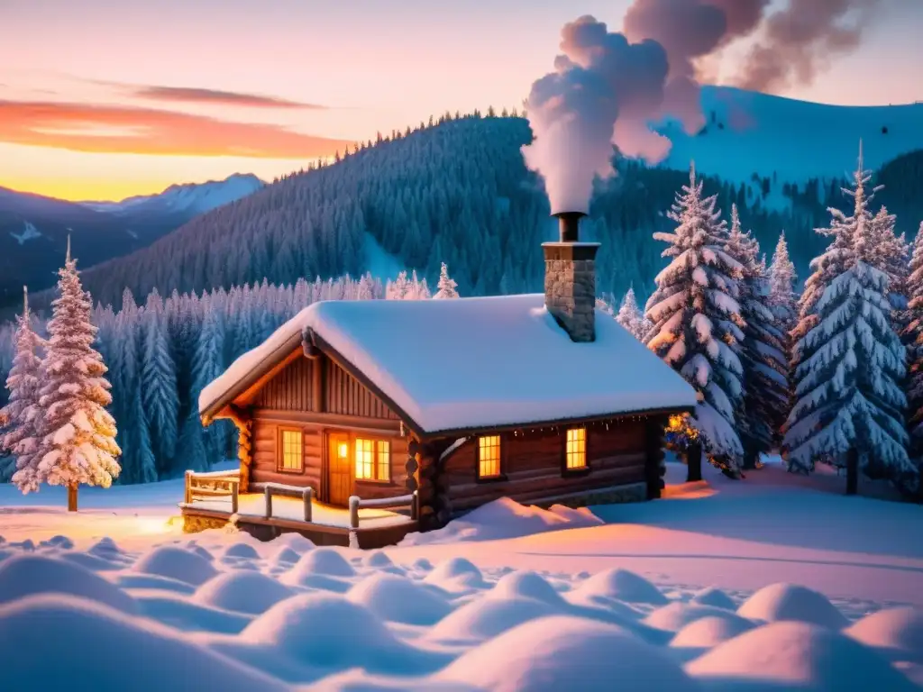 Acogedora cabaña entre pinos nevados al atardecer