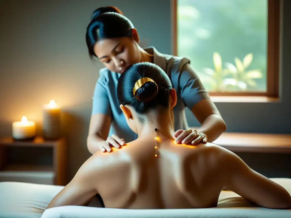 Acupuntura: Armonía en la serenidad Un acupuntor inserta agujas en la espalda, con luz natural suave y una atmósfera serena que transmite confianza y tranquilidad