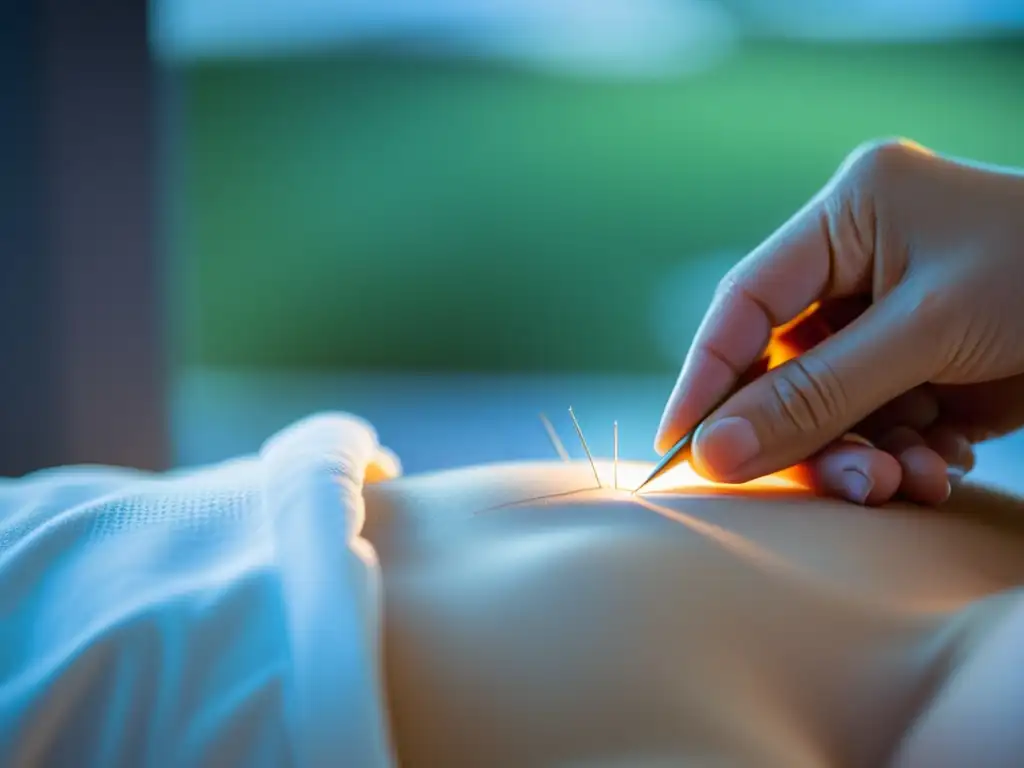 Un acupuntor profesional inserta con cuidado una aguja en un punto específico del cuerpo, en una sala de tratamiento moderna y minimalista