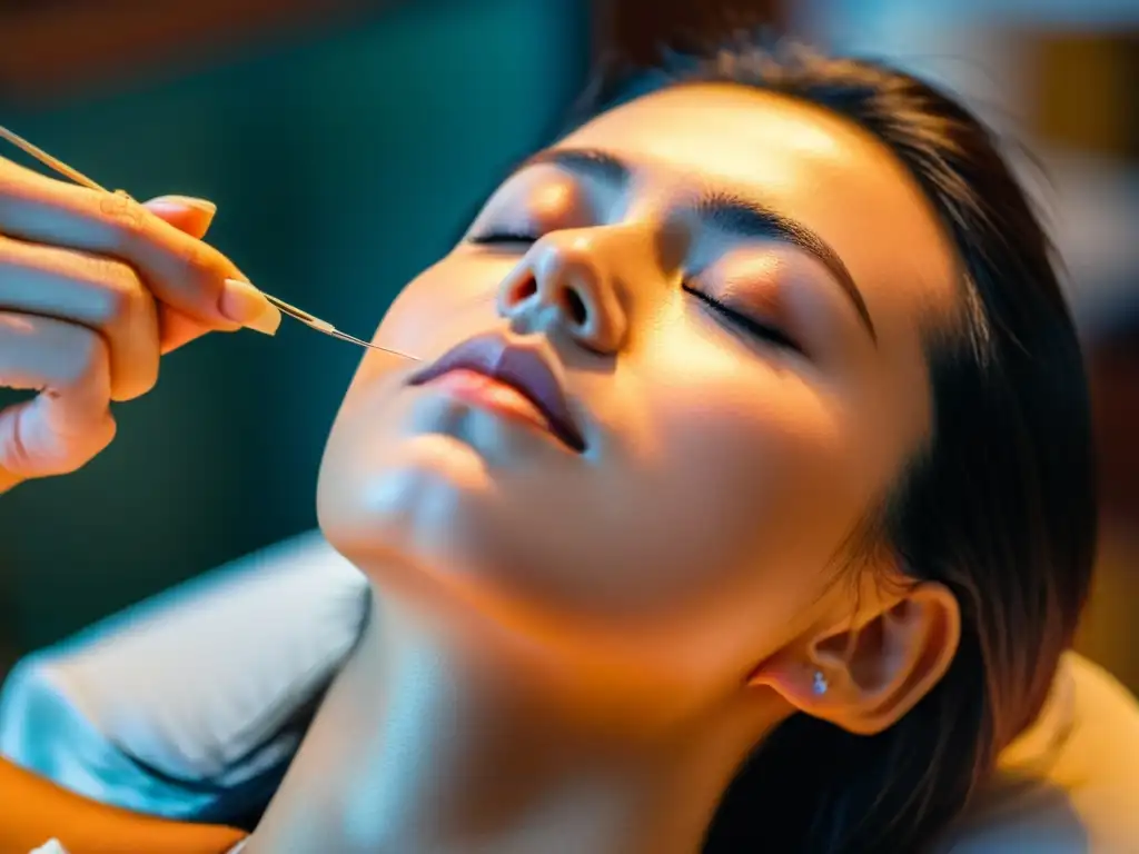 Acupuntura facial para alivio de alergias Acupuntura para alergia estacional: Tratamiento facial con agujas en puntos meridianos, ambiente cálido y paciente relajado