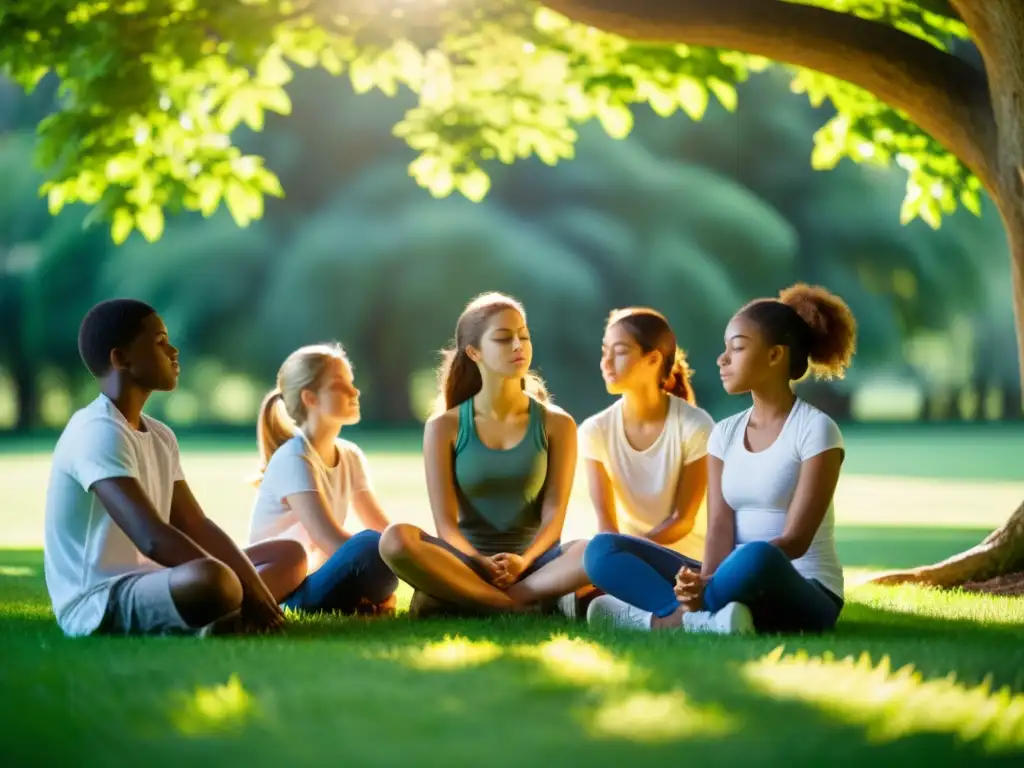 Adolescentes practicando respiración controlada para reducir ansiedad en un entorno educativo, transmitiendo serenidad y paz interior