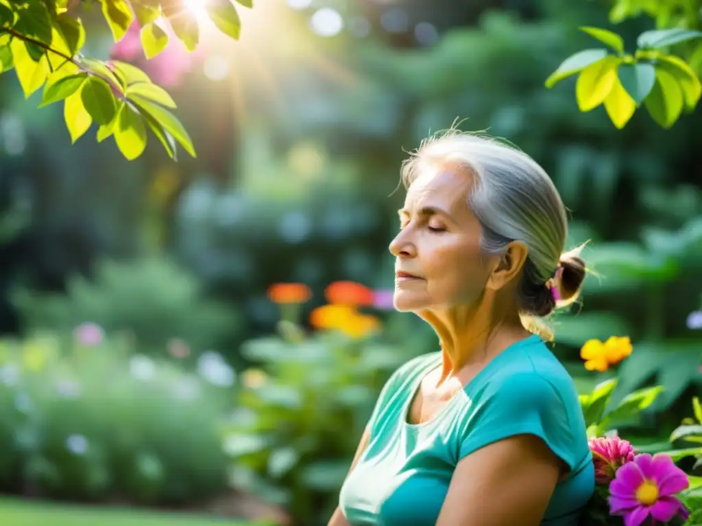 Un adulto mayor practica respiración diafragmática en un jardín tranquilo, promoviendo la digestión y el bienestar