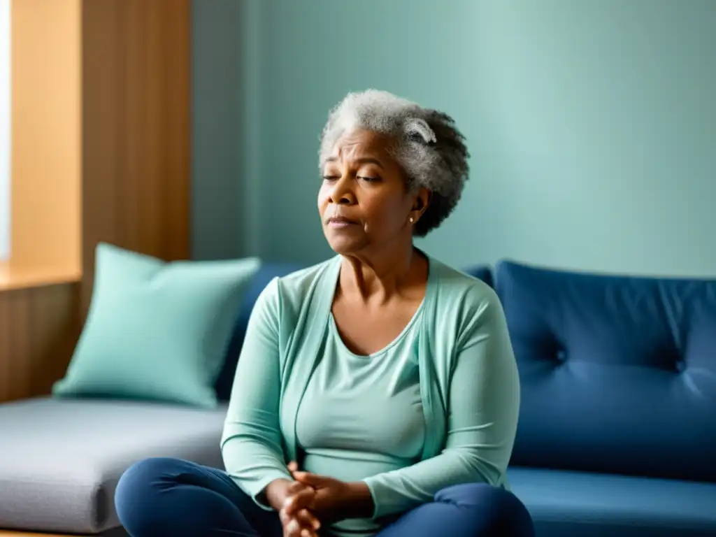 Un adulto mayor practica ejercicios respiratorios con la ayuda de un terapeuta, transmitiendo calma y determinación