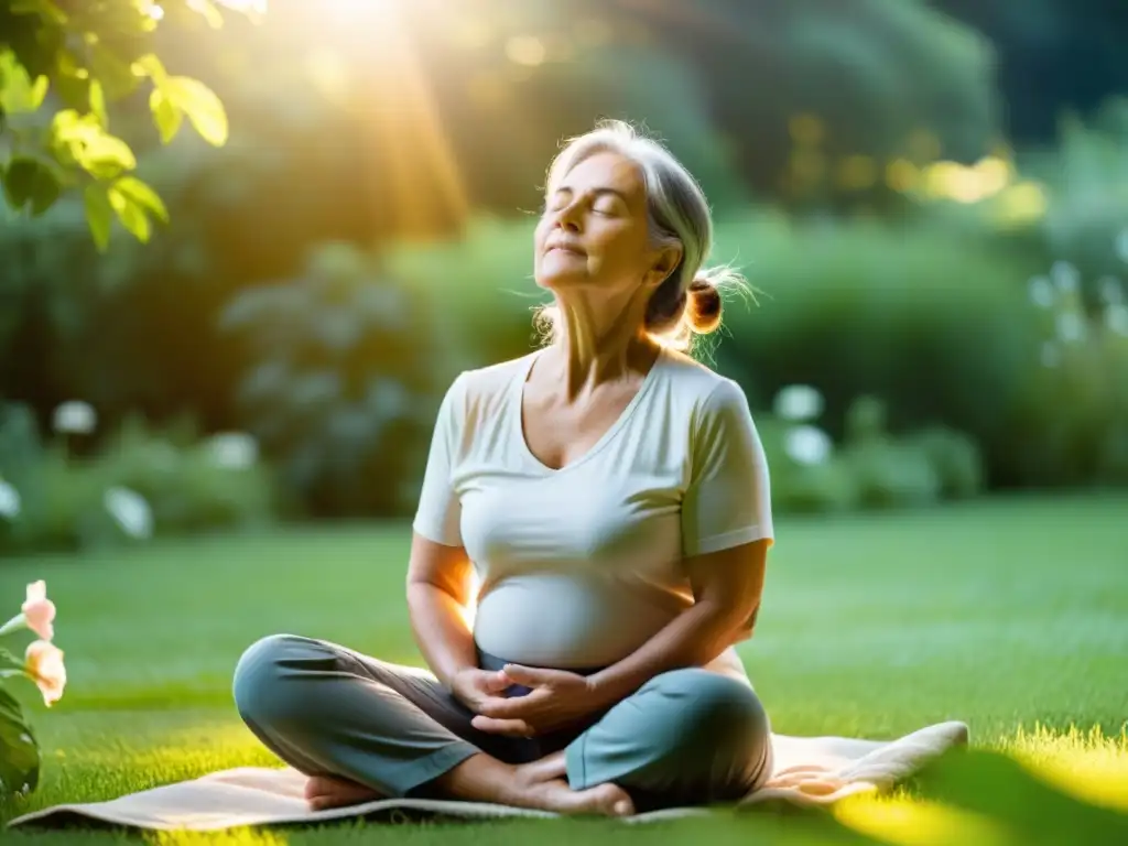 Un adulto mayor practica la respiración diafragmática en un jardín tranquilo, promoviendo bienestar y mindfulness en adultos mayores