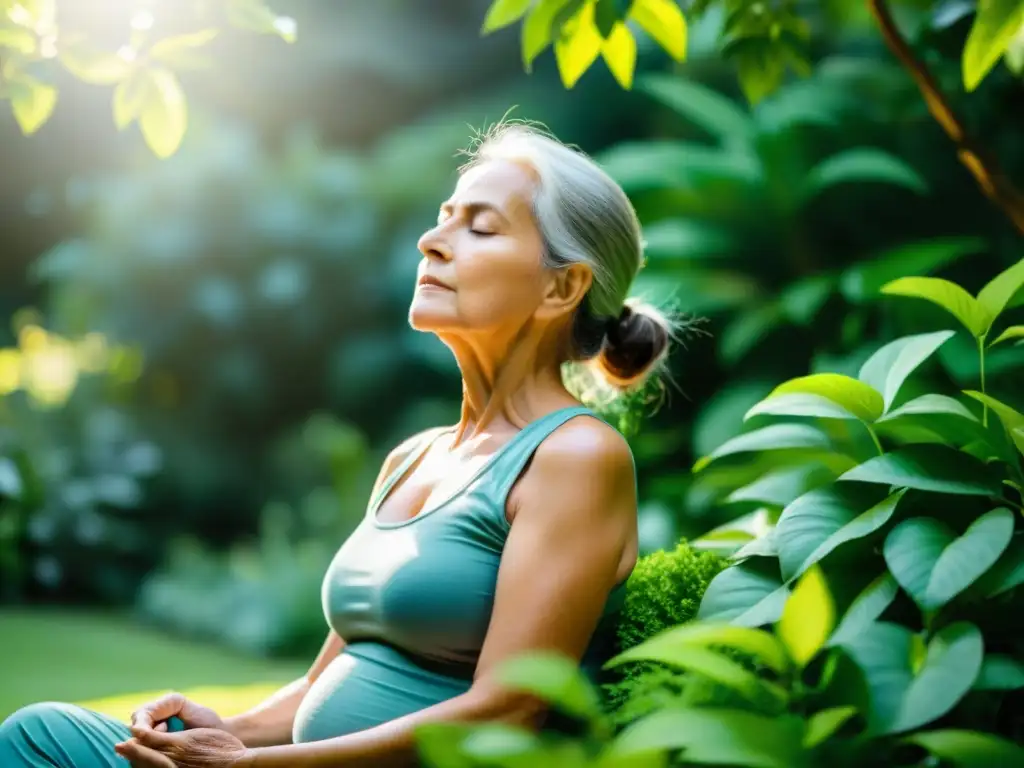 Un adulto mayor practica la respiración diafragmática en un jardín tranquilo, rodeado de vegetación exuberante y luz suave