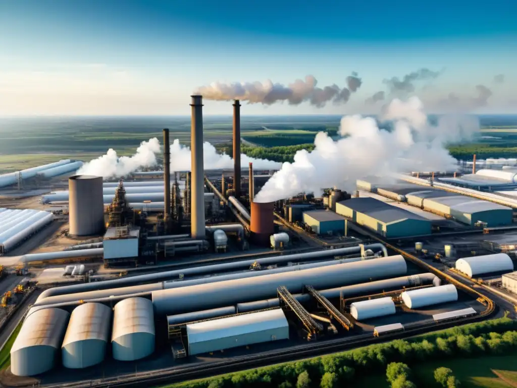 Una fotografía aérea de alta resolución de una planta industrial bulliciosa, con chimeneas humeantes y una red de tuberías y maquinaria