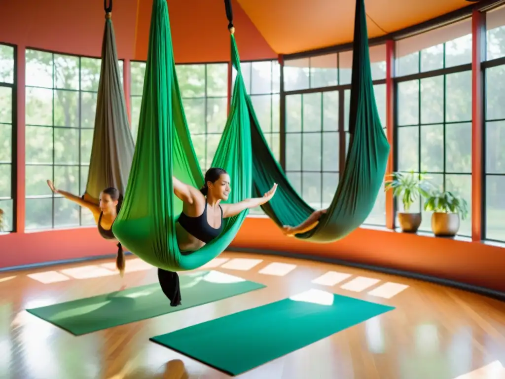 Práctica de yoga aéreo en un estudio luminoso y sereno para mejorar la respiración en retiros de yoga aéreo