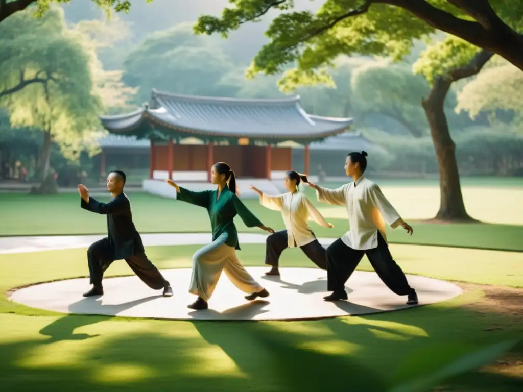 Práctica de Tai Chi al aire libre, integración del Chi en Tai Chi Chuan en un entorno sereno y tranquilo, bañado por la cálida luz dorada