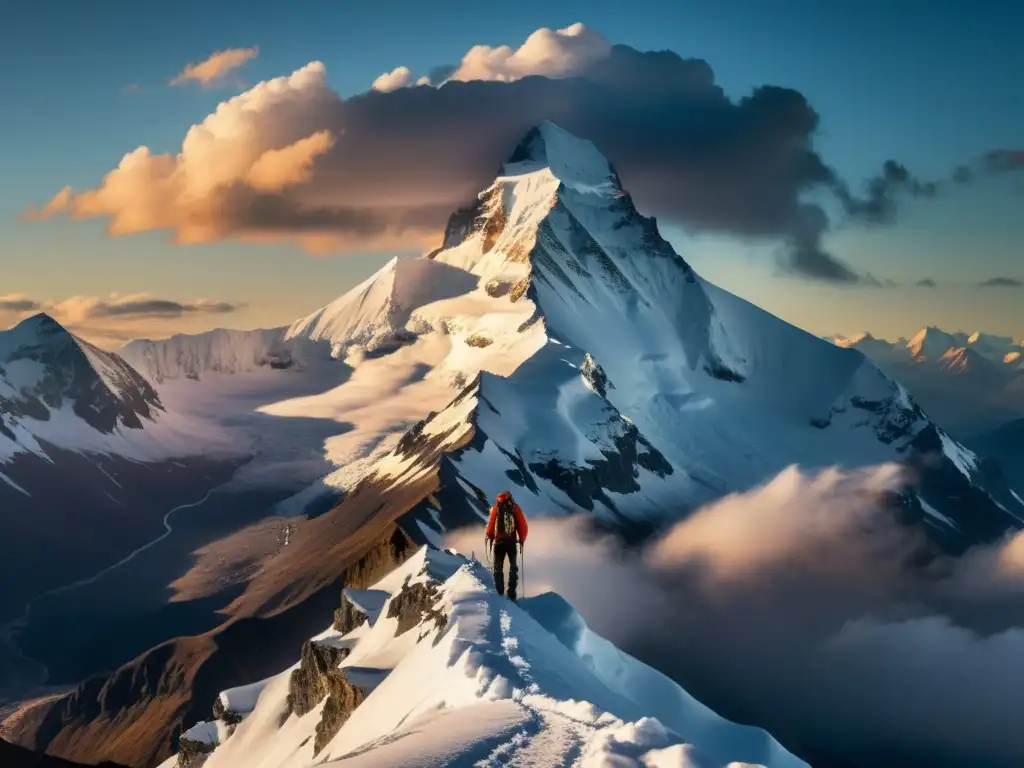 Un alpinista solitario se destaca contra un dramático amanecer en la cima nevada de una montaña, mostrando la belleza y la adaptación a la altitud