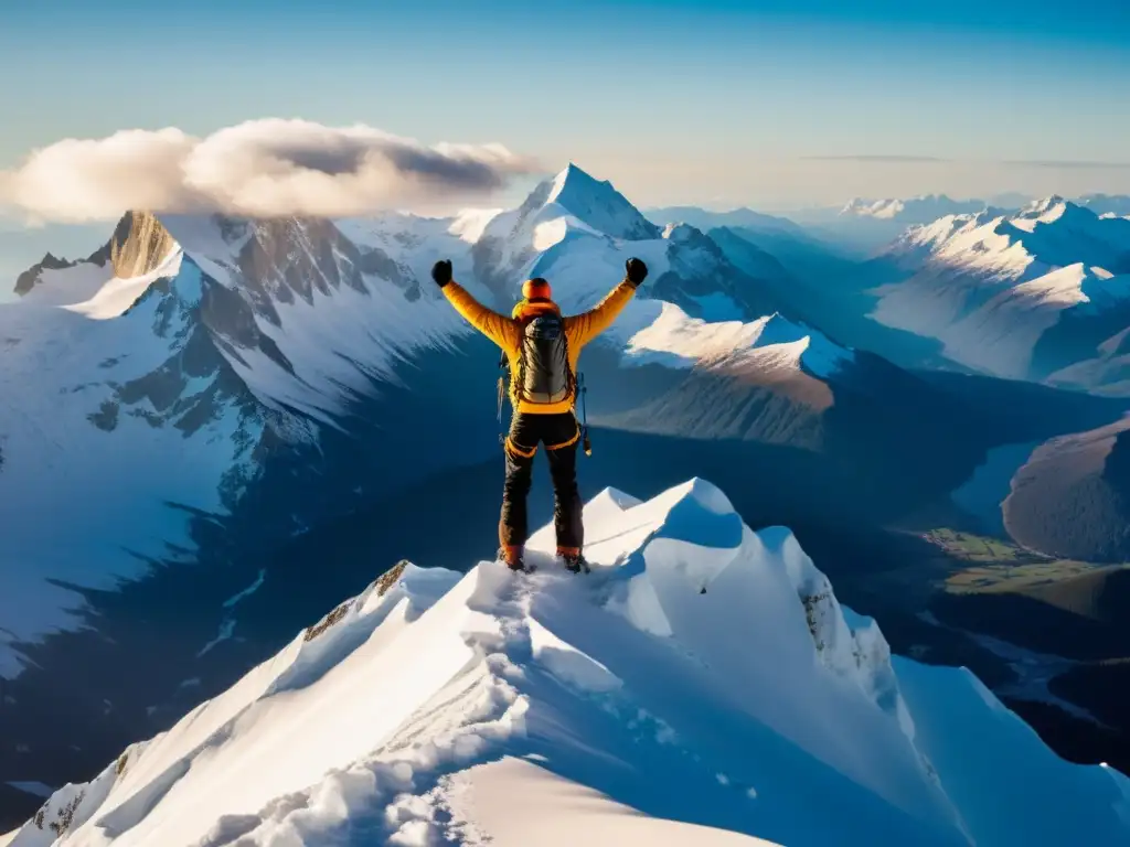 Un alpinista triunfante en la cima nevada, con la majestuosa cordillera de fondo, mostrando la conexión entre altitud y salud respiratoria