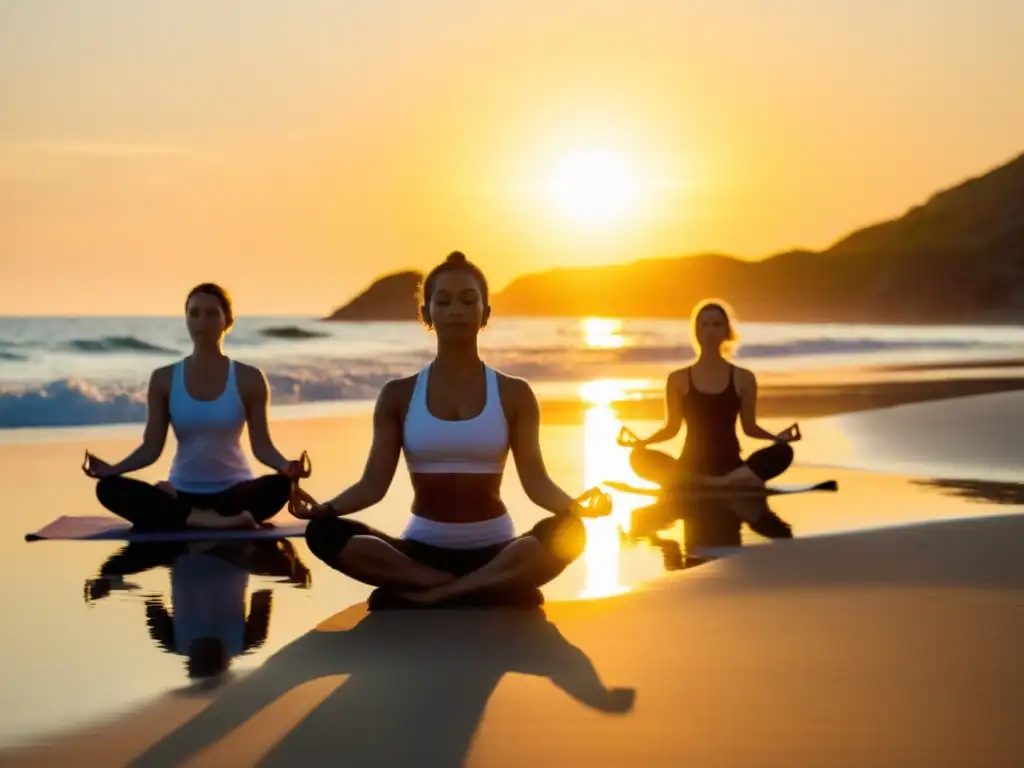 Un amanecer sereno en la playa, donde un grupo practica yoga