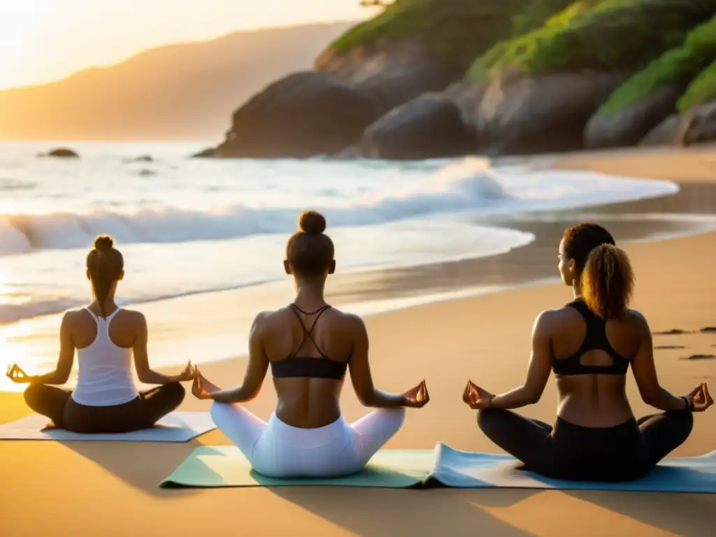 Un amanecer tranquilo en la playa donde un grupo practica yoga con gracia y enfoque, reflejando fuerza, equilibrio y atención plena