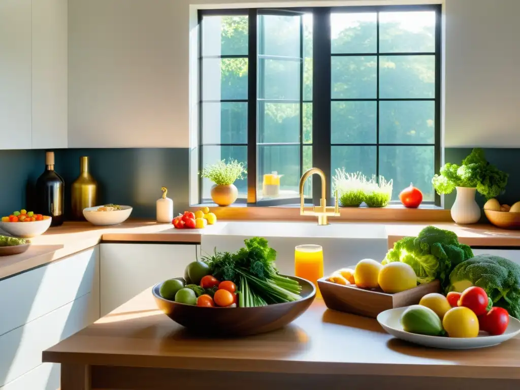 Un ambiente de cocina moderna y serena, llena de vibrantes frutas, verduras y granos enteros