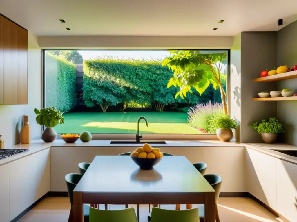 Un ambiente sereno y moderno en la cocina, con una mesa minimalista lista para disfrutar una comida saludable