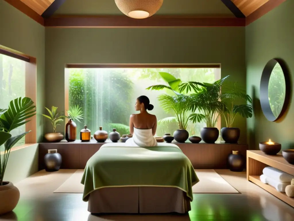 Un ambiente de spa sereno con luz natural, plantas verdes y un aromaterapeuta profesional