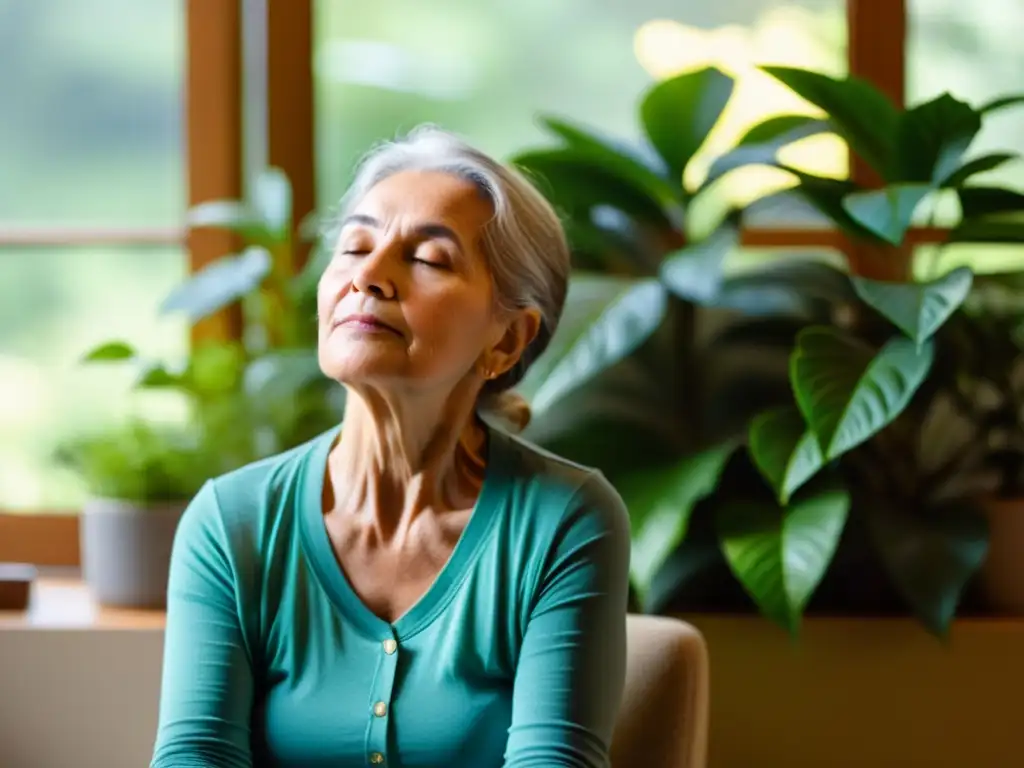 Una anciana medita en un cuarto soleado, rodeada de plantas verdes, practicando respiración consciente para mejorar la calidad de vida