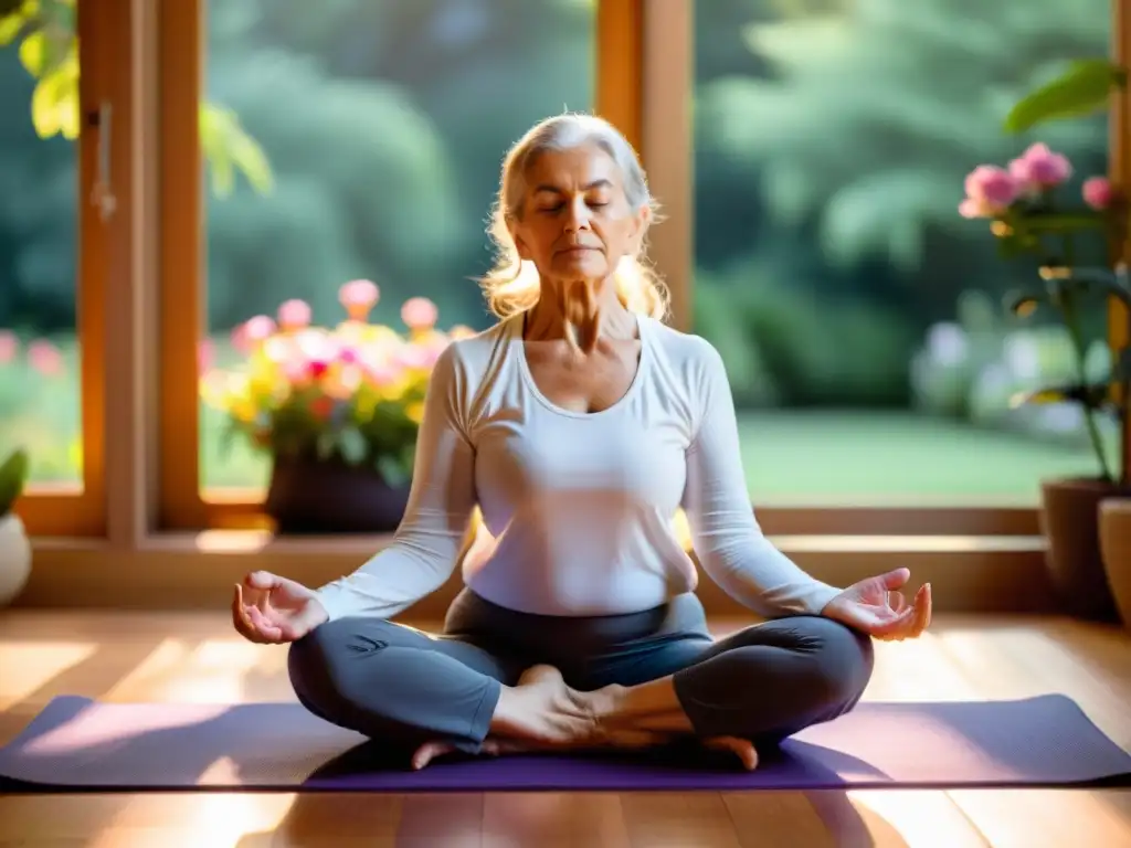 Una anciana practica ejercicios de respiración para adultos mayores en un entorno tranquilo, rodeada de naturaleza exuberante y paz interior