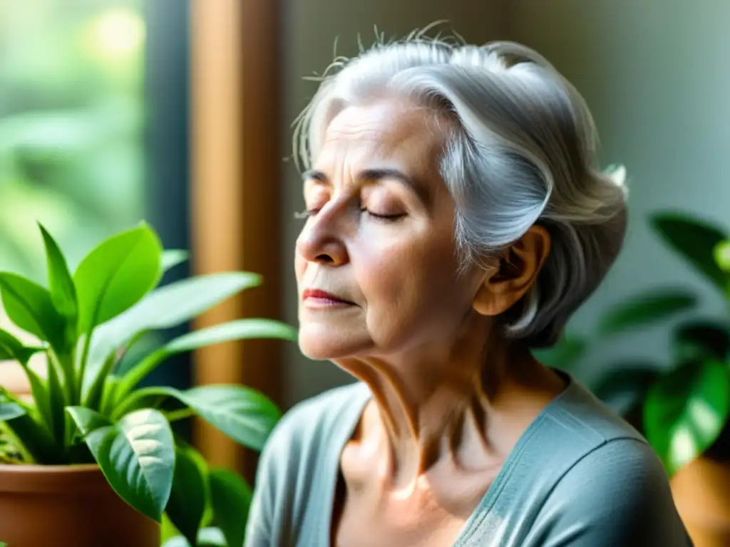 Una anciana practica ejercicios de respiración para adultos mayores en un ambiente tranquilo y sereno, rodeada de plantas verdes exuberantes