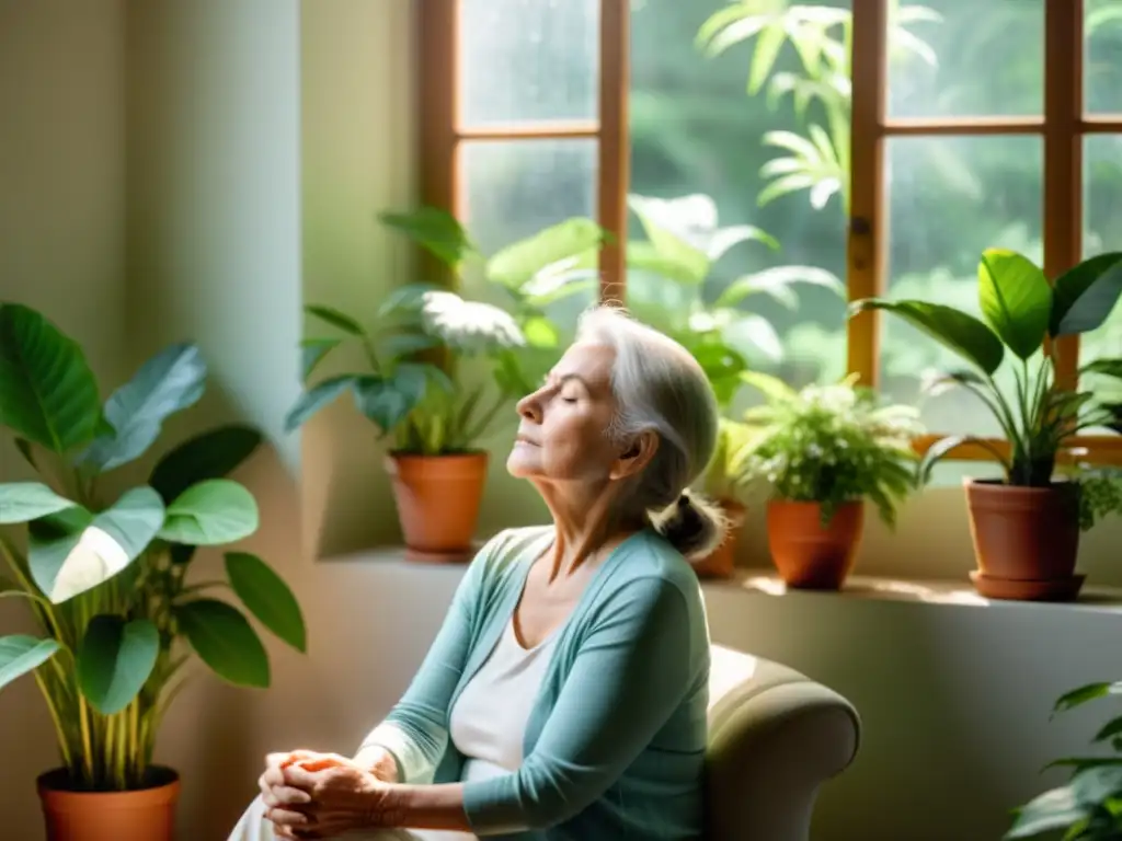 Una anciana practica ejercicios de respiración en un espacio luminoso y tranquilo, rodeada de plantas verdes