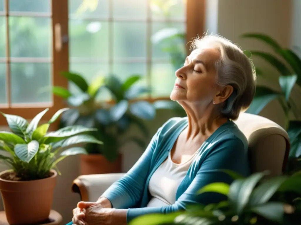 Una anciana practicando ejercicios de respiración profunda en una habitación serena y soleada rodeada de plantas, transmitiendo calma y bienestar