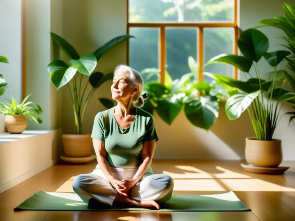 Una anciana practica ejercicios de respiración rodeada de plantas verdes en una habitación soleada, irradiando serenidad y vitalidad