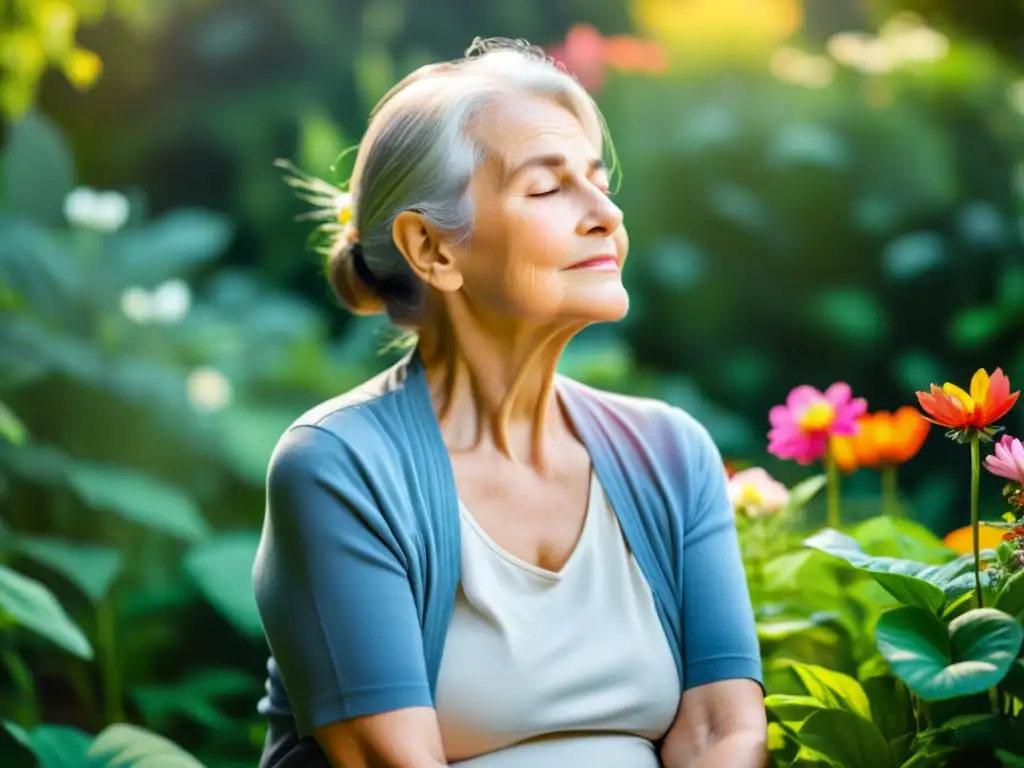 Una anciana practica ejercicios de respiración en un jardín tranquilo con flores vibrantes y exuberante vegetación, transmitiendo calma y bienestar