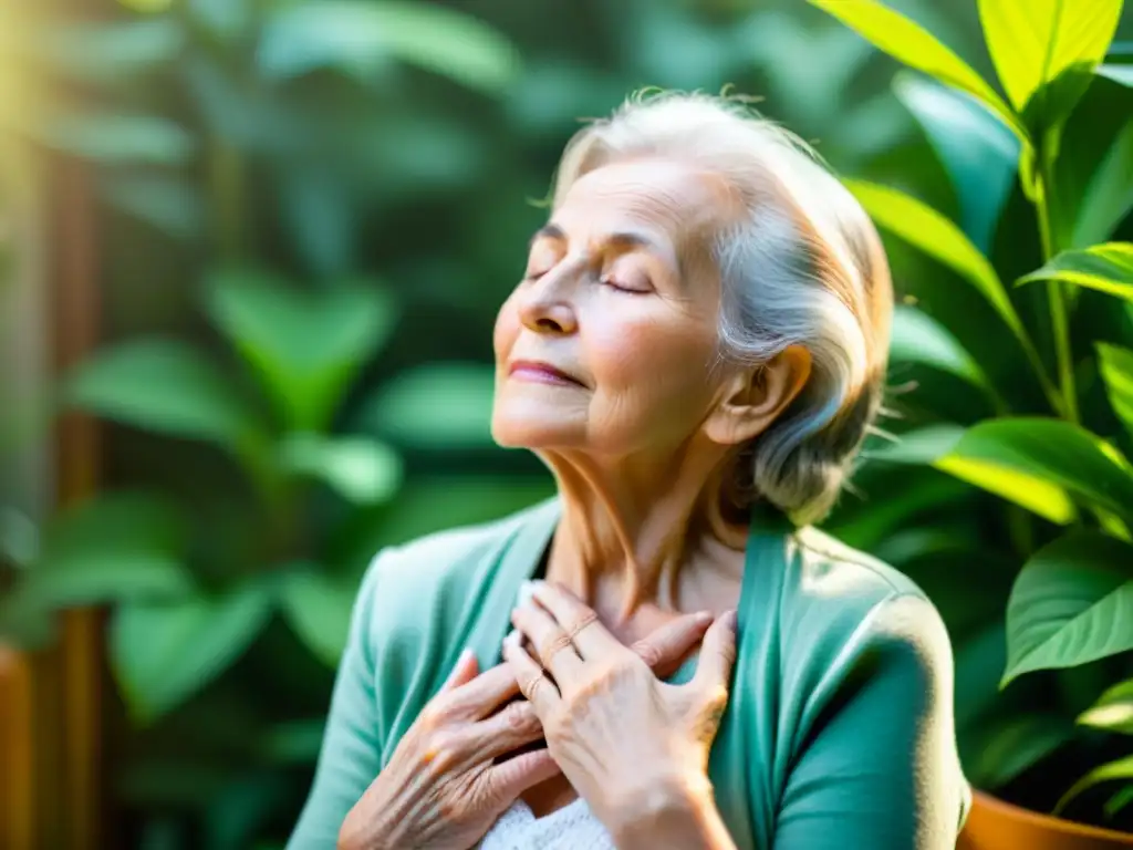 Una anciana respira conscientemente en un entorno tranquilo y rodeada de plantas, promoviendo bienestar en la tercera edad