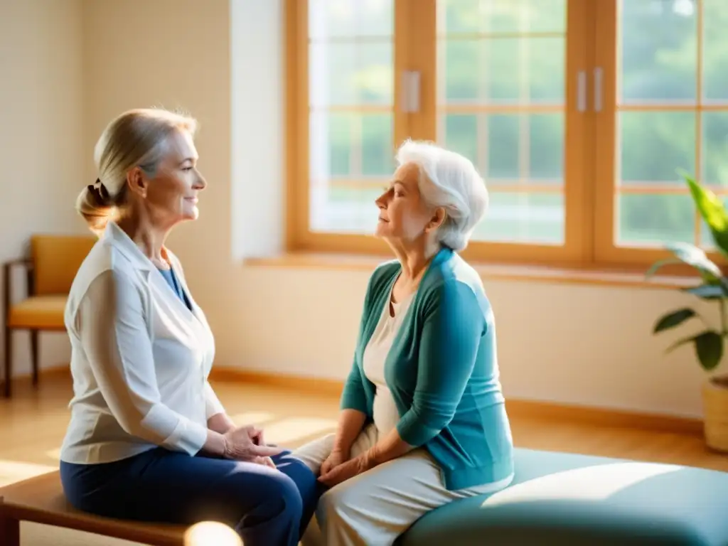 Una anciana practica métodos respiratorios con la ayuda de un terapeuta en un ambiente luminoso y tranquilo