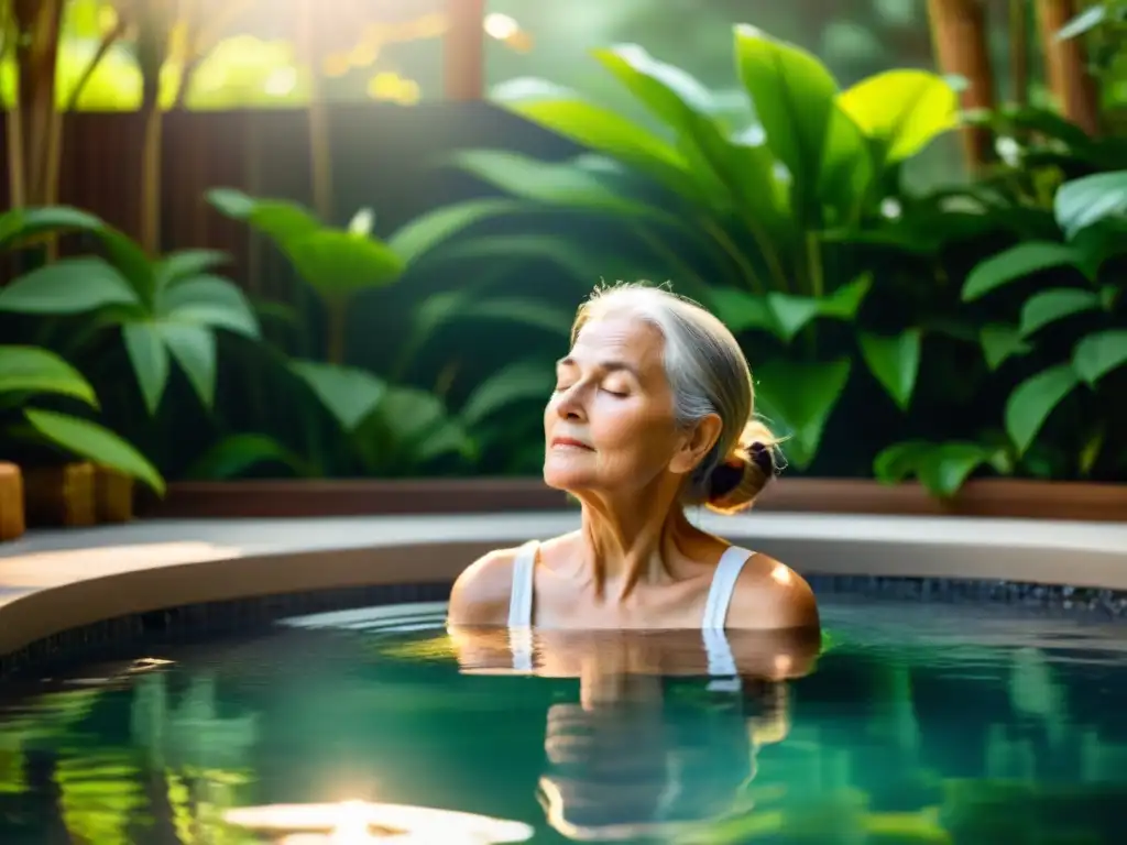 Una anciana disfruta de la serenidad de un spa, rodeada de naturaleza y agua tranquila, practicando ejercicios de respiración profunda