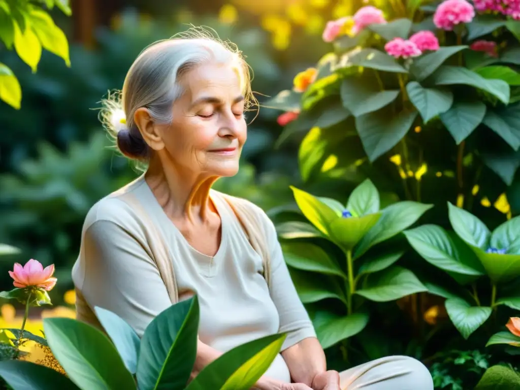 Una anciana practica técnicas de respiración consciente en un jardín tranquilo, rodeada de flores vibrantes y exuberante vegetación, mejorando su calidad de vida