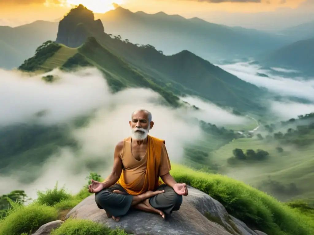 Un anciano yogui en la cima de una montaña verde, practicando pranayama al amanecer