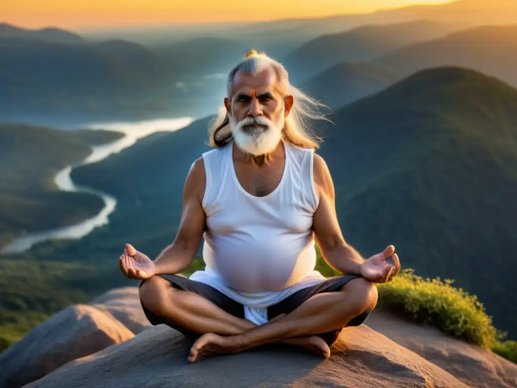 Yogui anciano practica pranayama en la cima de la montaña al amanecer, rodeado de luz dorada, transmitiendo serenidad y longevidad