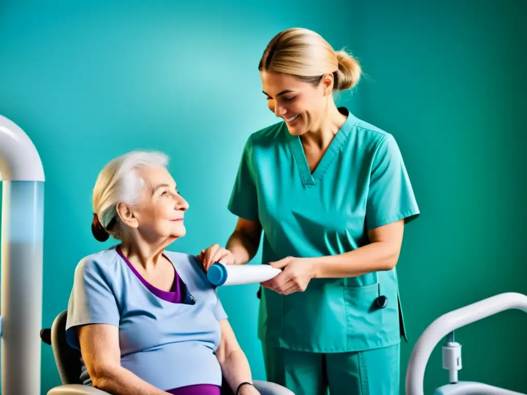 Un anciano realiza ejercicios de fisioterapia respiratoria rodeado de equipo médico moderno y un profesional de la salud