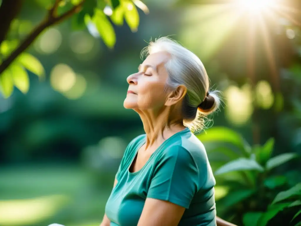 Un anciano practica ejercicios de respiración profunda al aire libre rodeado de exuberante vegetación y luz solar