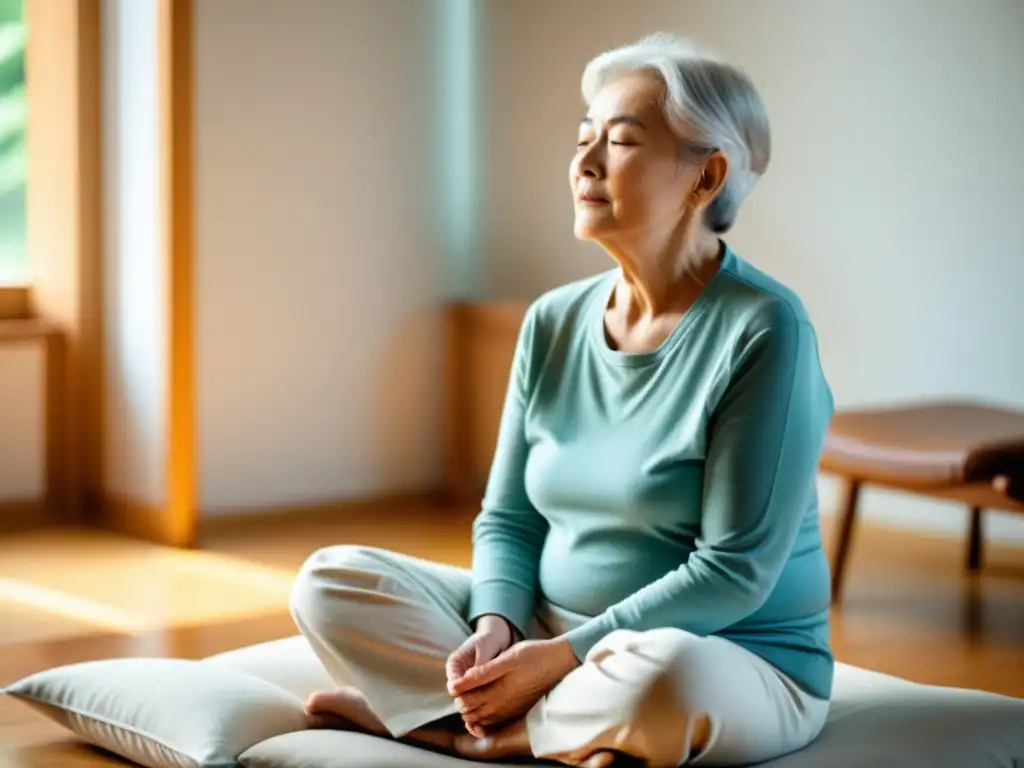 Un anciano practica respiración guiada en una habitación luminosa y aireada, con la guía de un instructor amable