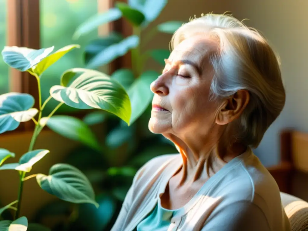 Un anciano practica respiración guiada en una habitación soleada, rodeado de plantas verdes exuberantes