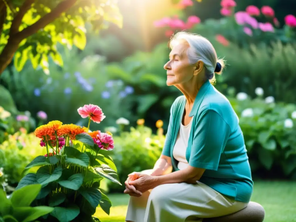 Un anciano respira tranquilamente en un jardín exuberante, rodeado de flores, transmitiendo serenidad y salud