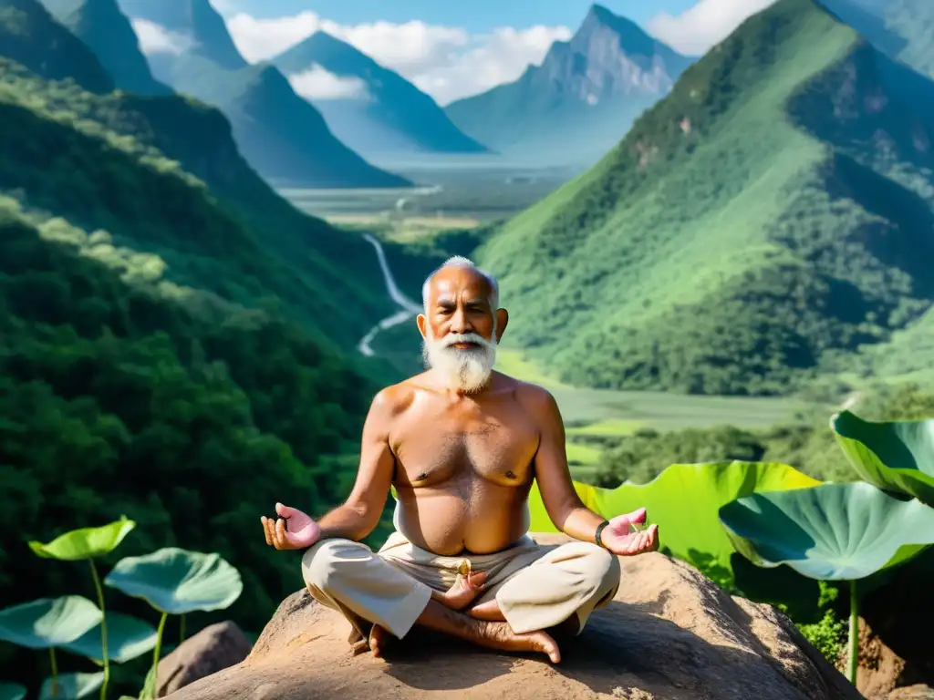 Un anciano yogui practicando pranayama en la cima de una montaña, rodeado de exuberante vegetación