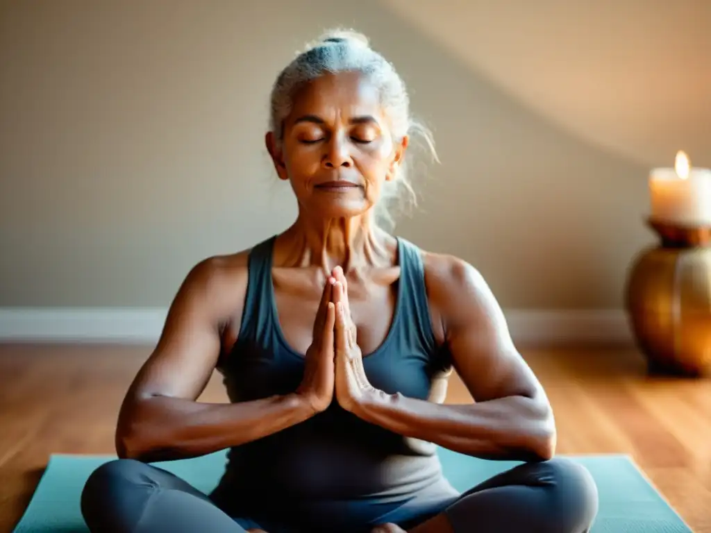 Un anciano practica yoga respiratorio, en una atmósfera serena con elementos naturales