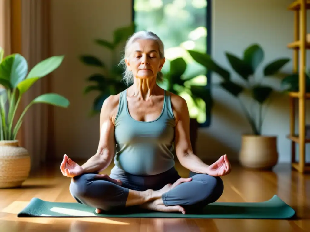 Un anciano sereno practica rutinas de respiración energía, sentado en un mat de yoga rodeado de naturaleza exuberante