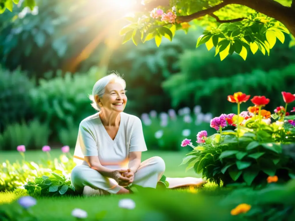 Un anciano sonríe en un jardín colorido mientras realiza ejercicios de respiración guiados por un fisioterapeuta respiratorio