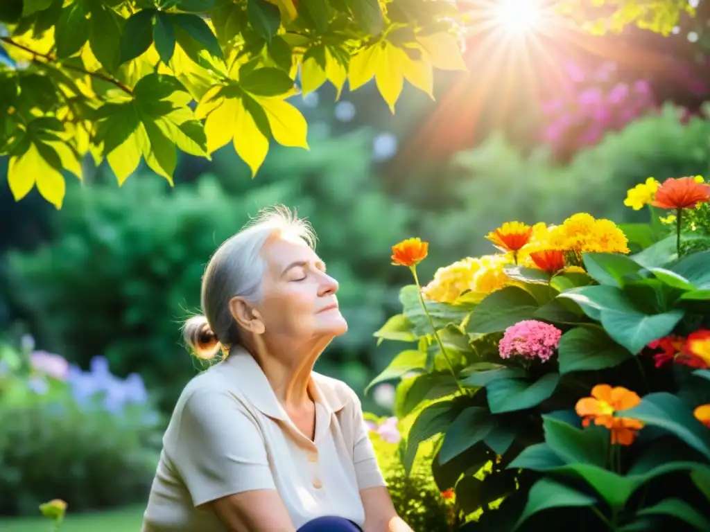 Un anciano practica técnicas de respiración en un jardín sereno, rodeado de naturaleza exuberante y flores coloridas