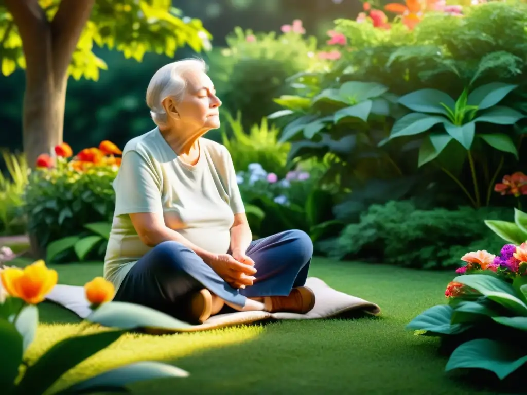 Un anciano practica la Terapia de Respiración Consciente PostAVC en un jardín tranquilo, rodeado de naturaleza exuberante y flores coloridas