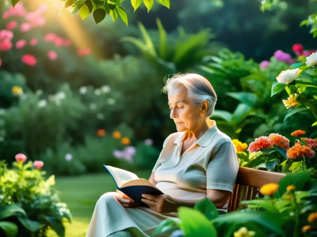 Un anciano reflexiona en un jardín tranquilo, rodeado de flores y vegetación exuberante, sosteniendo un libro sobre los efectos del tabaco en seniors