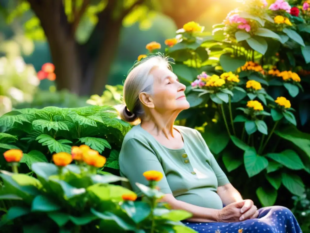 Un anciano respira profundamente en un jardín tranquilo, rodeado de flores y árboles