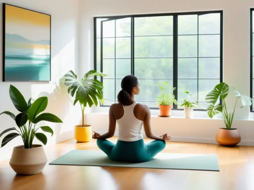 Superando la ansiedad con técnicas de respiración: Persona en meditación, ambiente luminoso y relajante con decoración minimalista y plantas