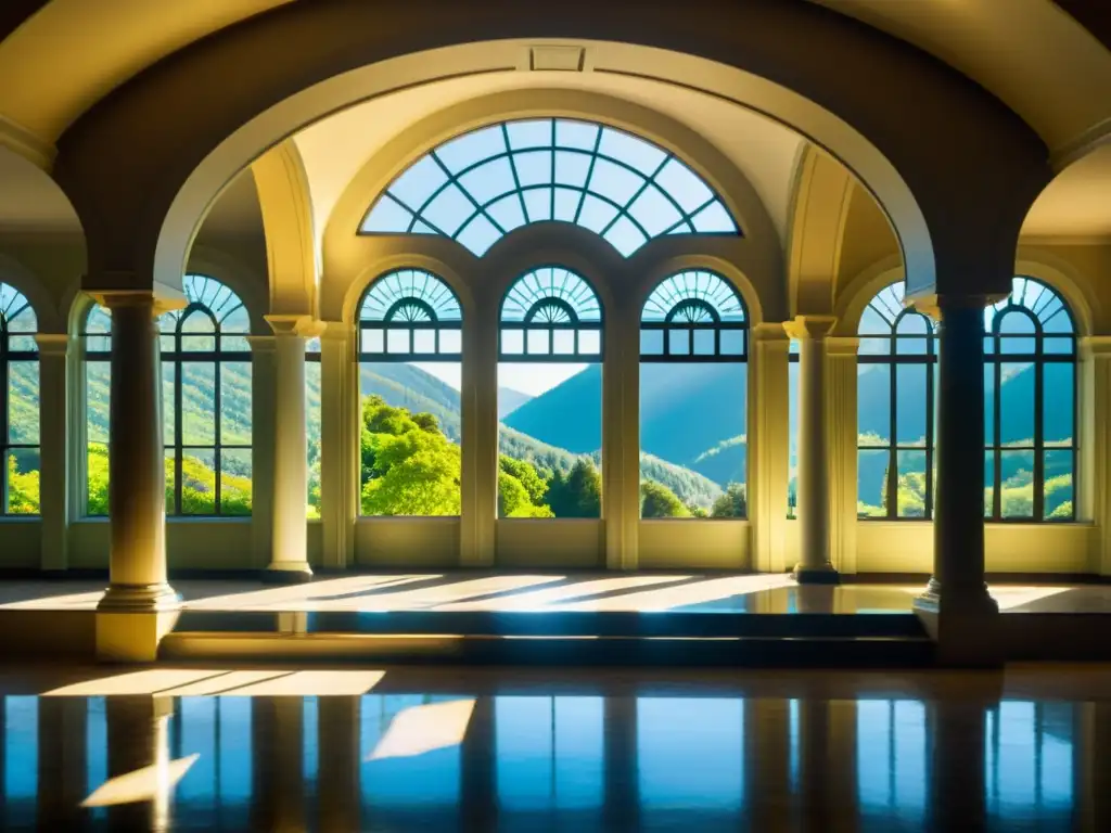 Un antiguo sanatorio en las montañas, con luz filtrándose por las ventanas altas, creando sombras dramáticas en los pasillos ornamentados